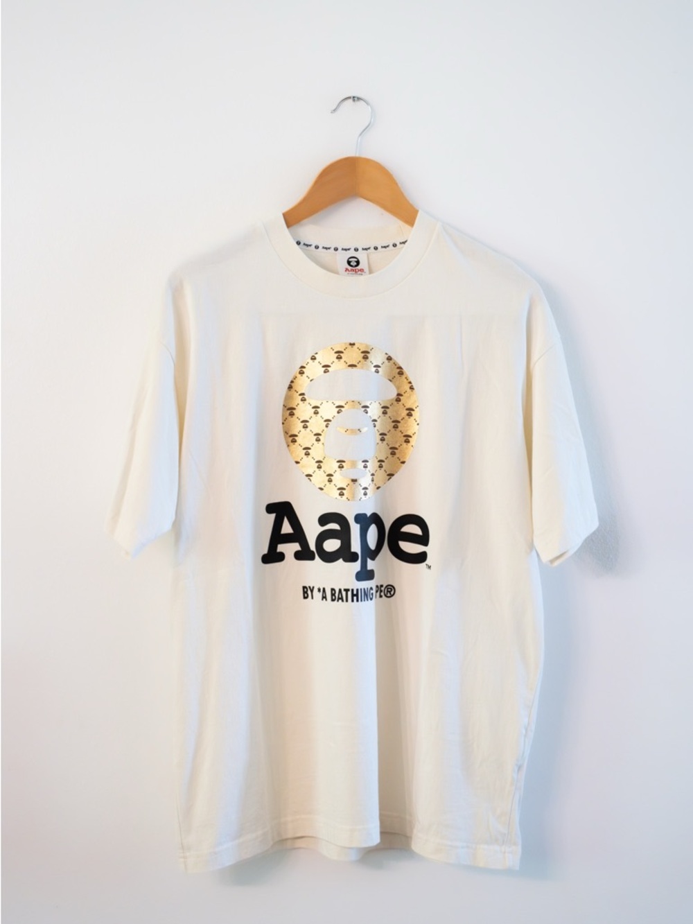 Aape Cream Short-Sleeve Logo Tee with Metallic Gold Ape Head